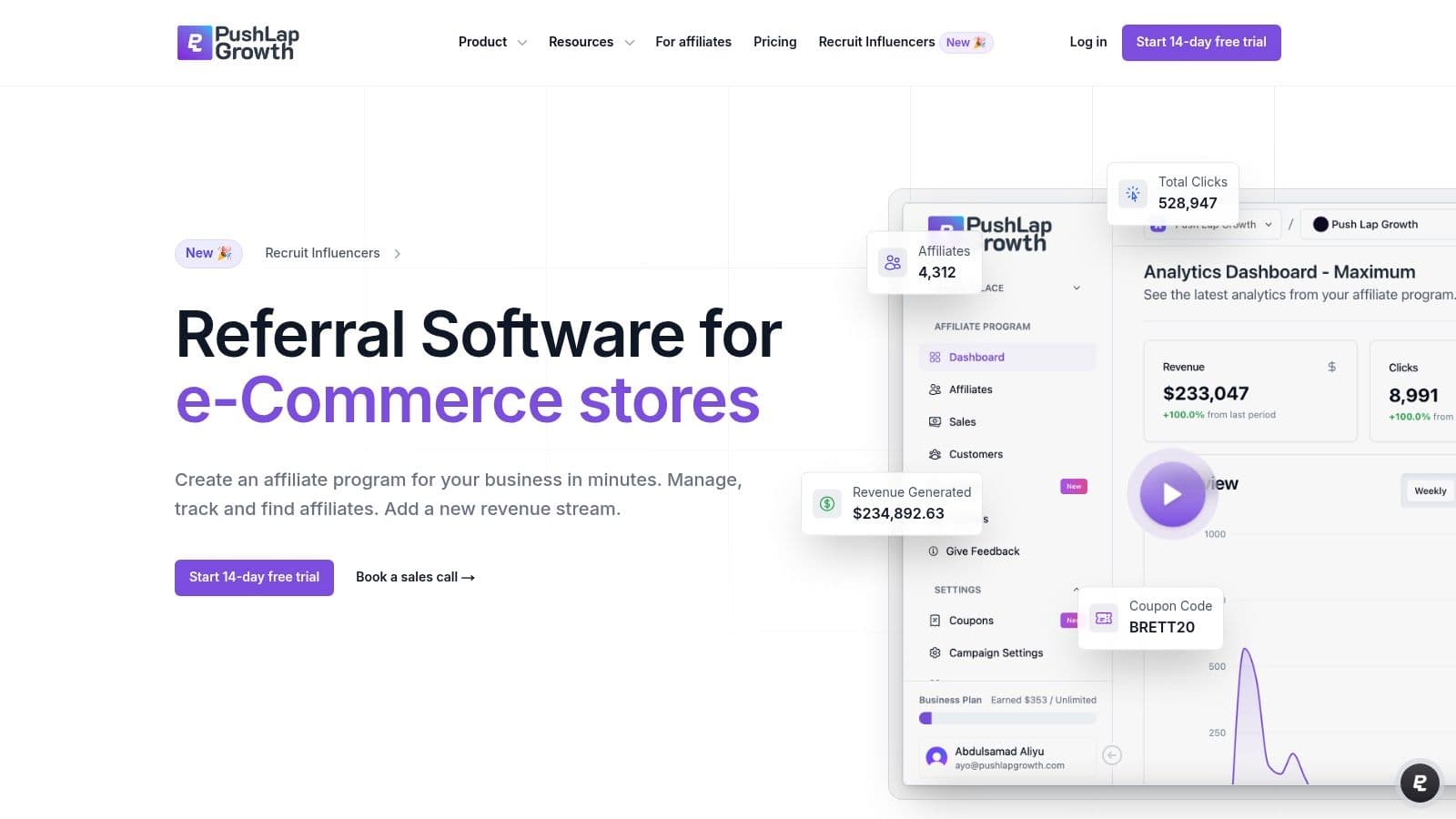 Referly affiliate dashboard showcasing performance analytics